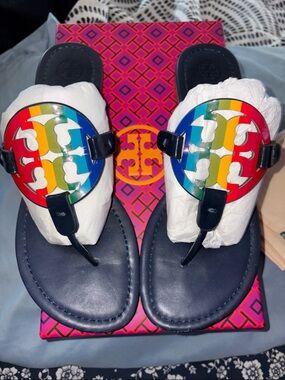 Tory Burch Navy Leather Thong Sandals with Rainbow Logo Discs